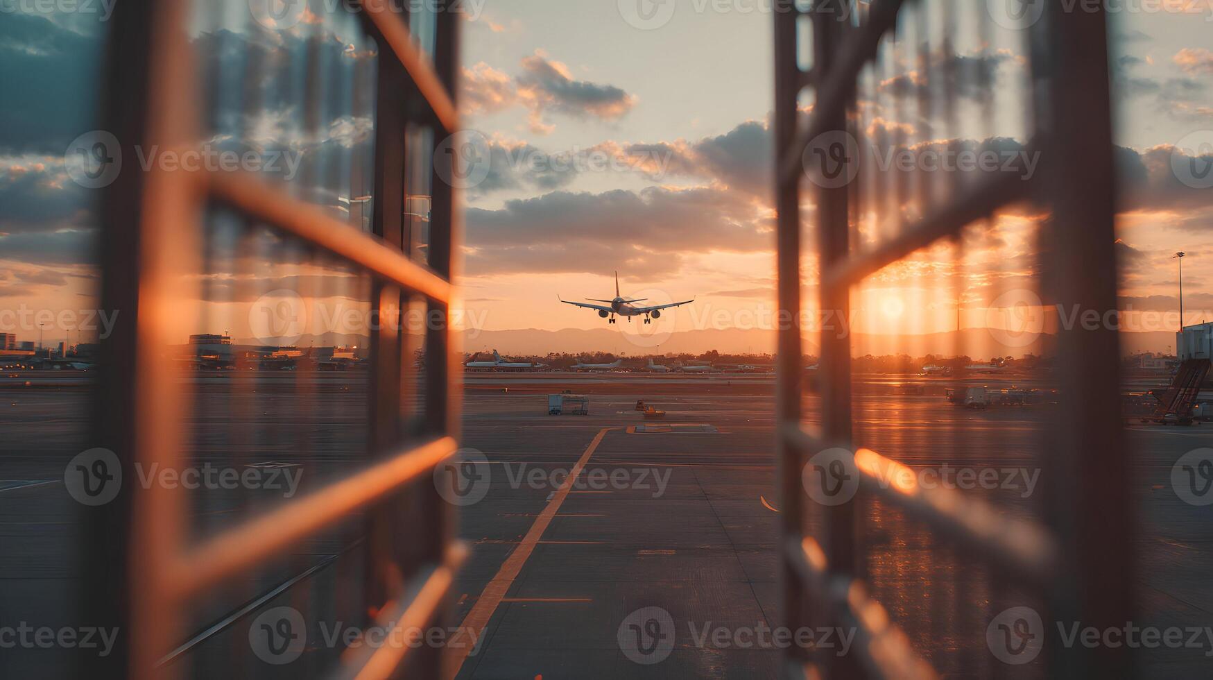 Airplane approaching runway with a golden sunset and clouds in the background view from frame photo