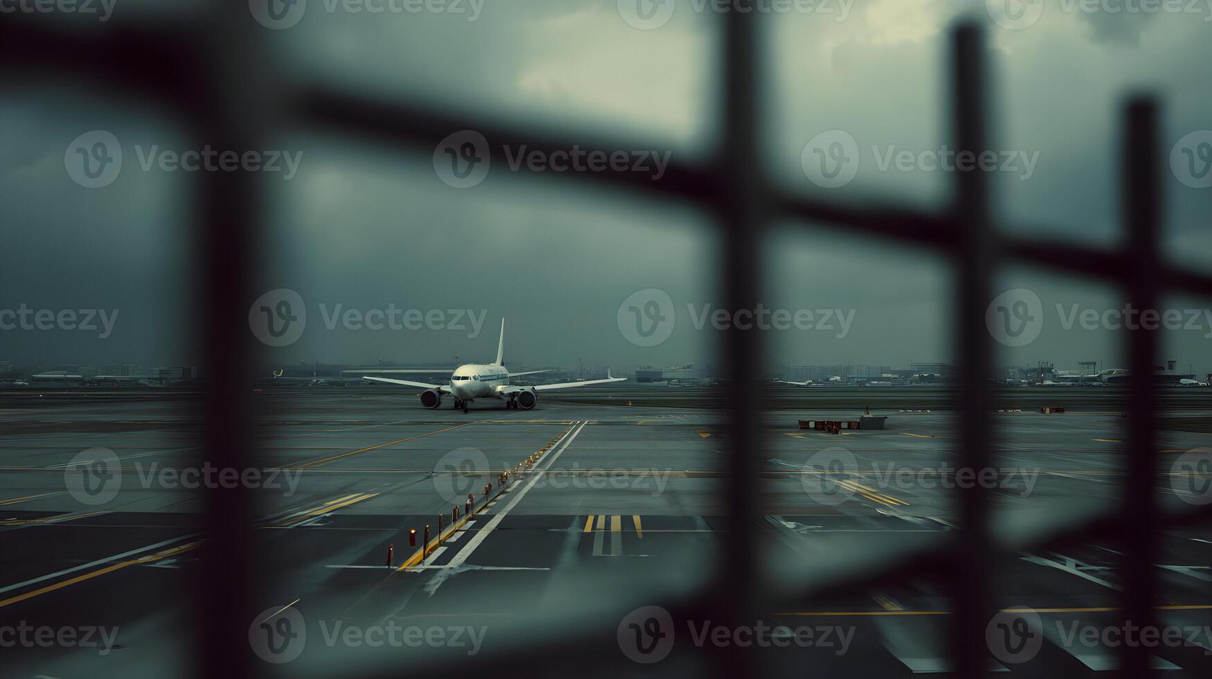 Airport scene showcasing a plane ready for takeoff under a cloudy overcast sky, moody atmosphere photo