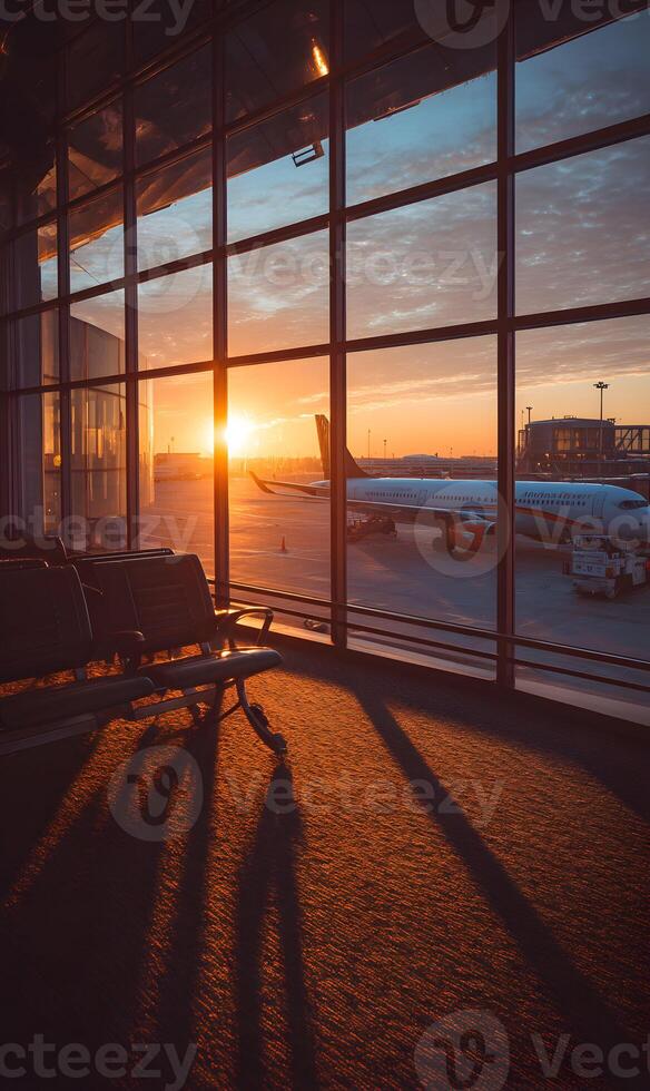 Golden sunrise view from airport terminal window with airplane ready for boarding passengers photo