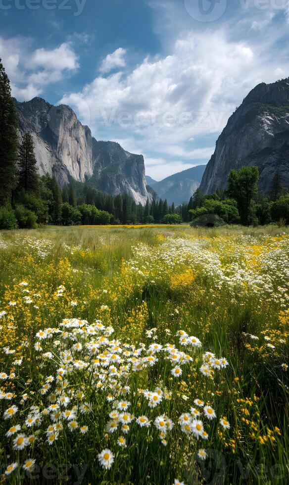 Yosemite valley meadow with wildflowers in bloom beneath dramatic mountain peaks photo