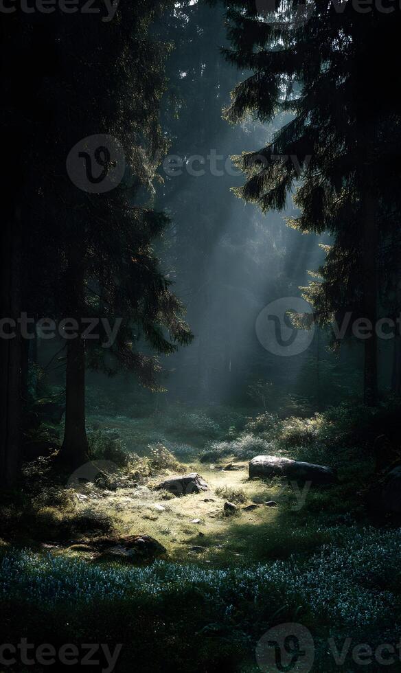 Mystical light filters through the towering pines illuminating the serene forest floor photo
