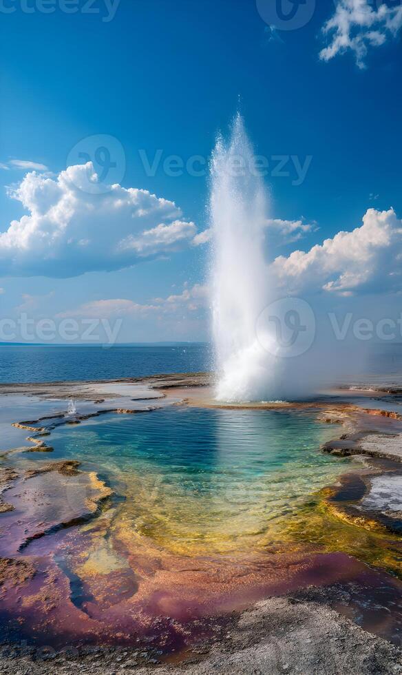 Spectacular view of a geyser erupting against a beautiful blue sky with fluffy white clouds photo