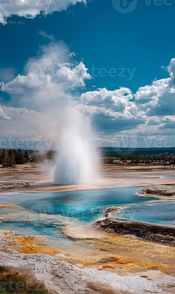 Spectacular eruption of the Grand Prismatic Spring in Yellowstone National Park USA photo