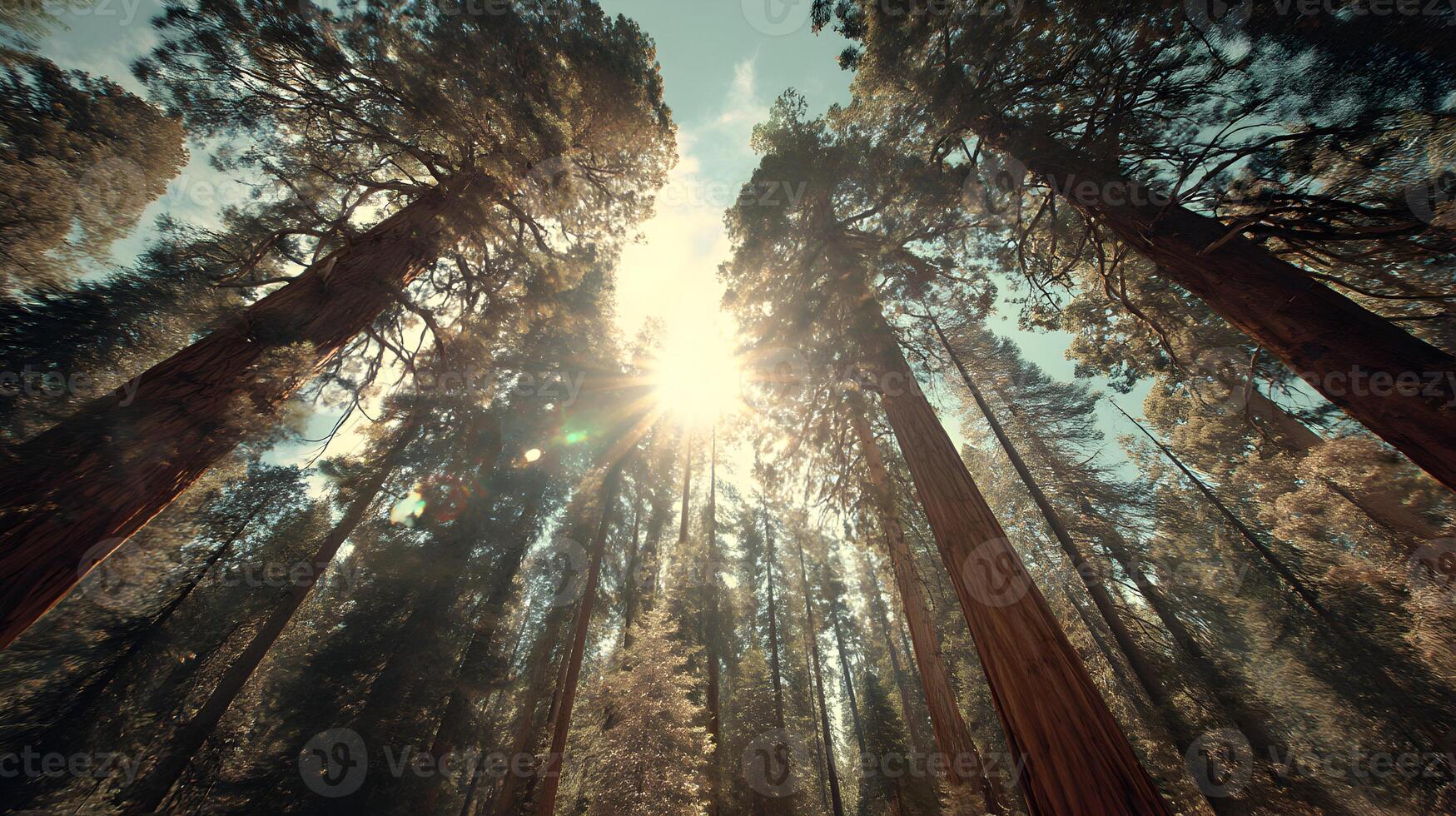 Sunlight filtering through the majestic redwood trees in a tranquil forest setting photo