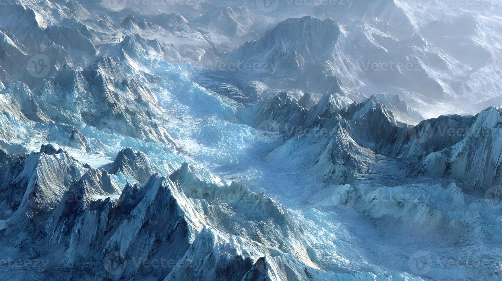 Majestic frozen landscape featuring snow covered mountains and glacial formations in a winter setting photo