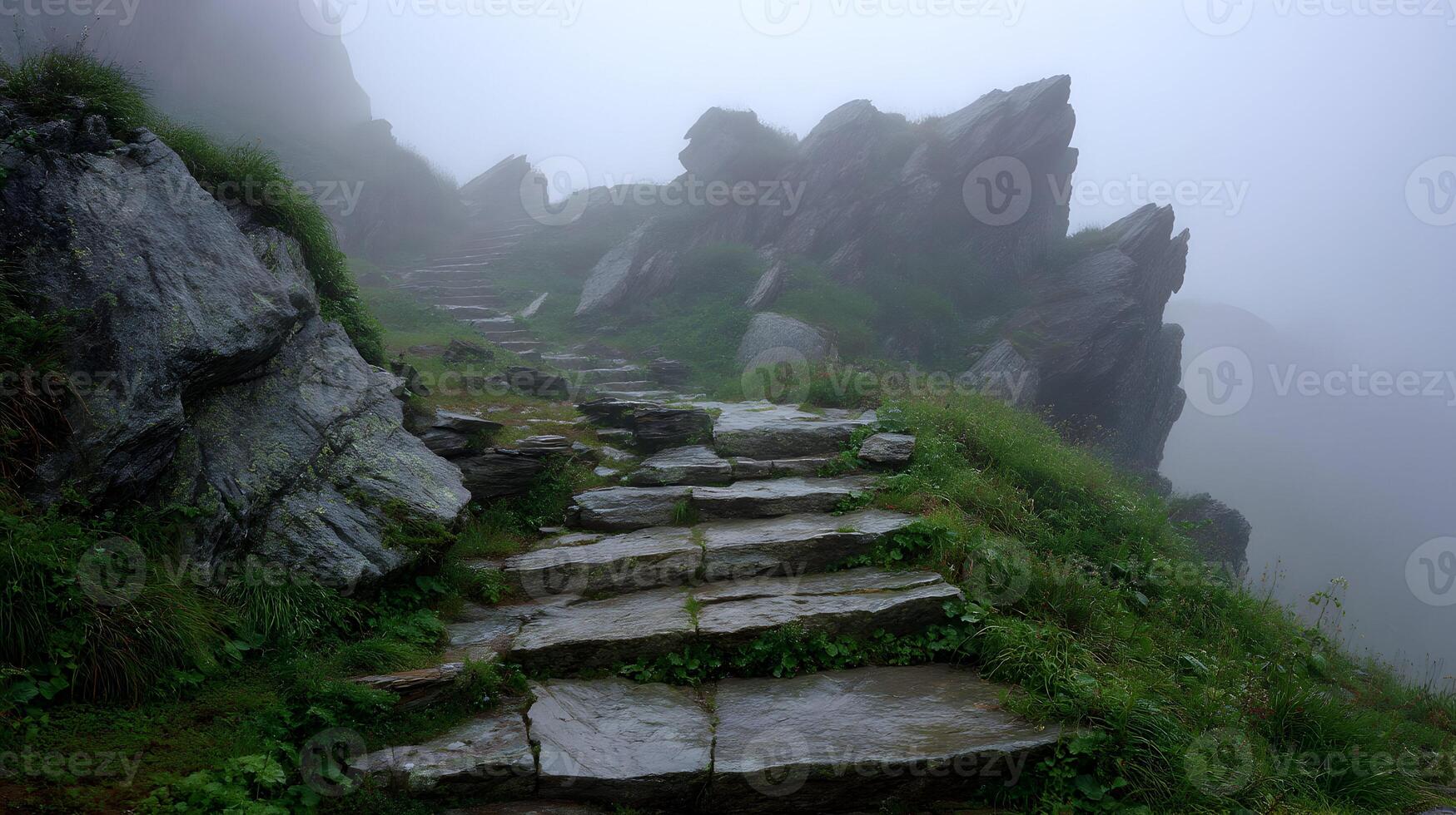 Stone steps lead up a steep mountain trail into the mist shrouded mountain landscape above photo