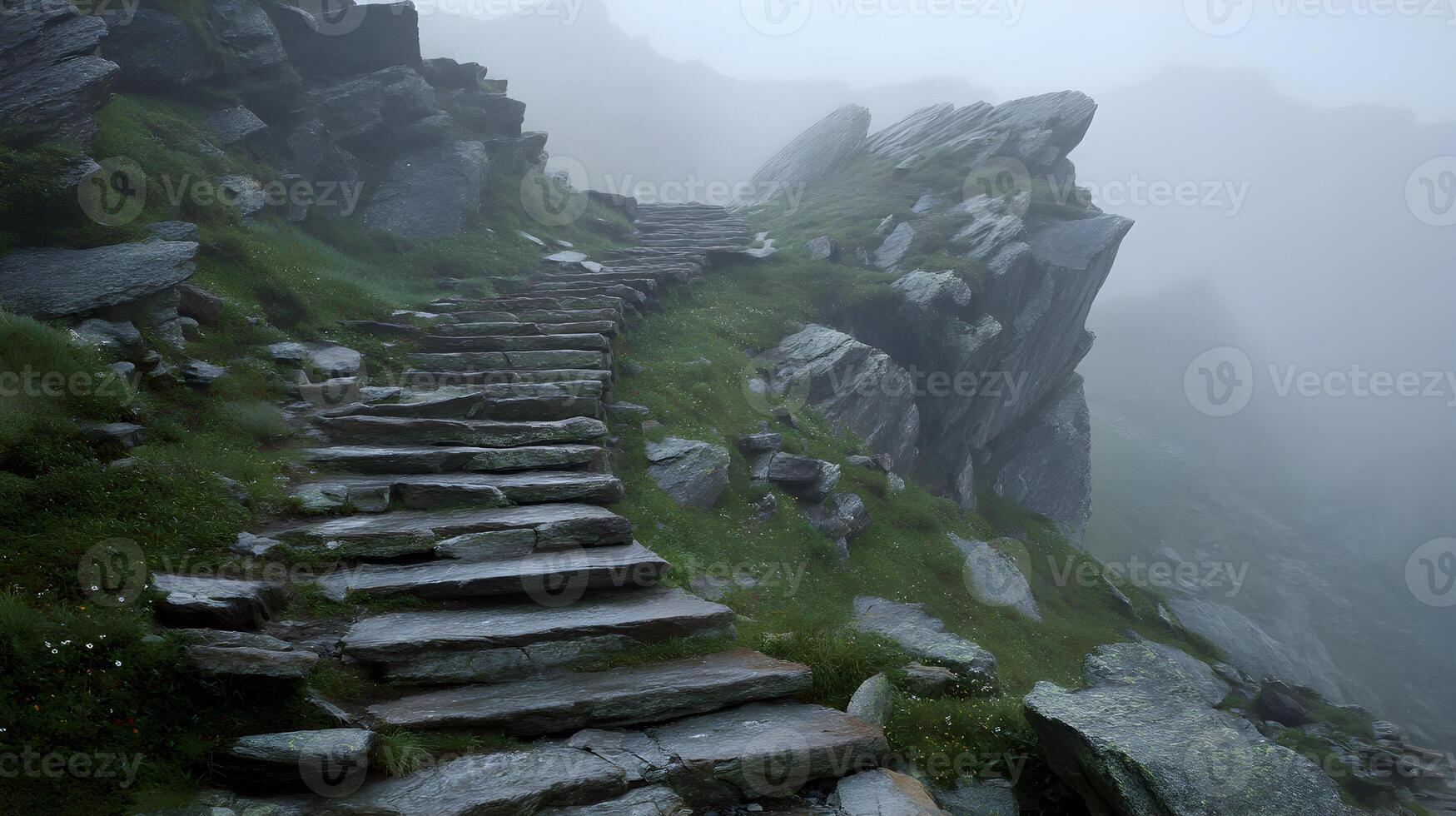 Stone staircase disappearing into fog high up in the mountains offering a mysterious scenic view photo