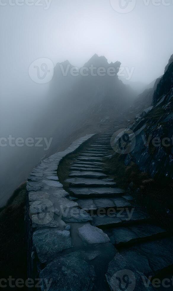 Stone stairway disappears into the misty heights leading to a challenging peak ascent photo