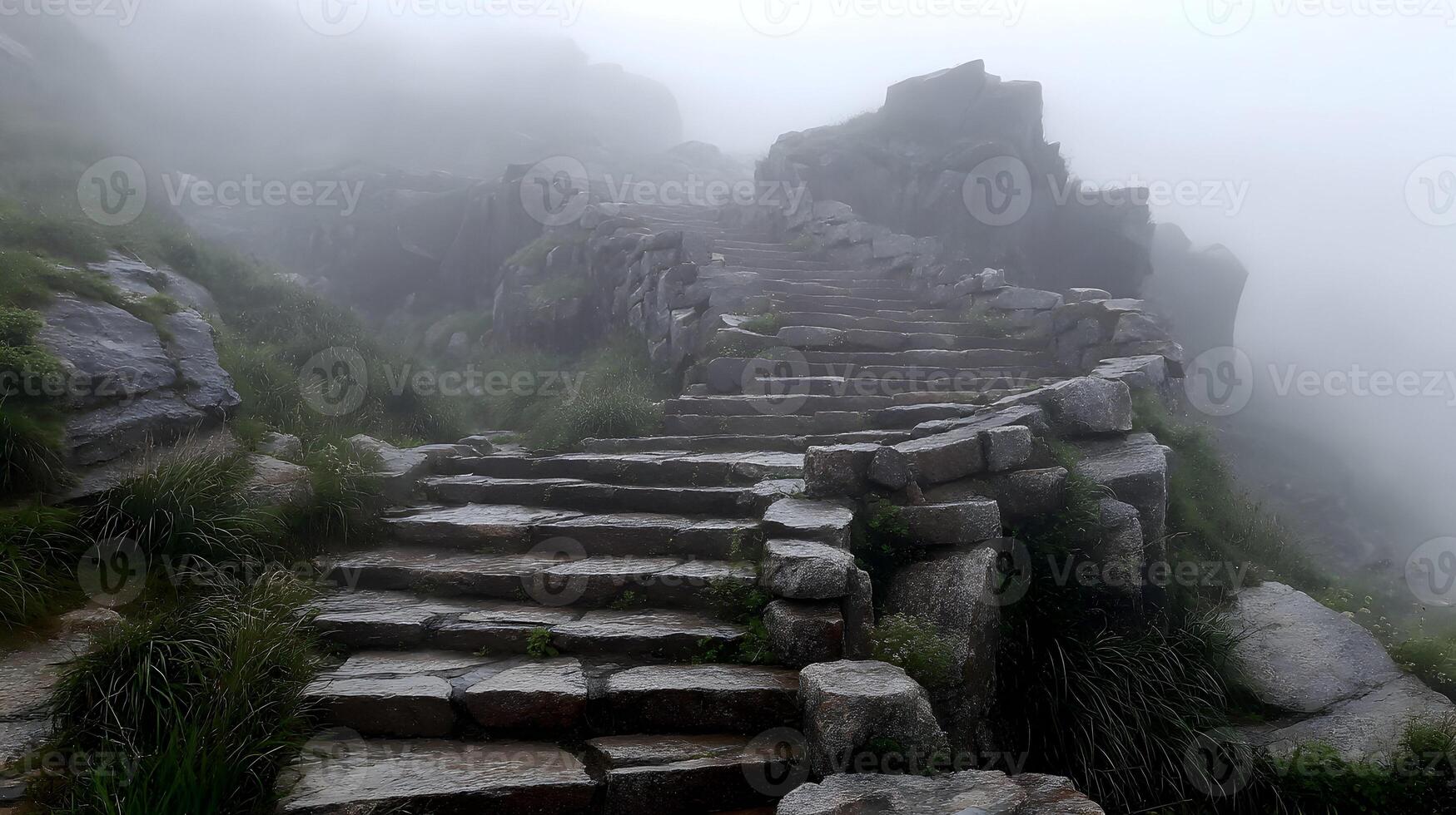 Mystical ascent a stairway to the heavens shrouded in fog nature's ethereal pathway photo
