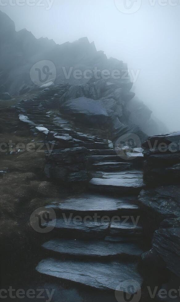 Mysterious path ascending into the mist shrouded mountains allure adventurers seekers photo