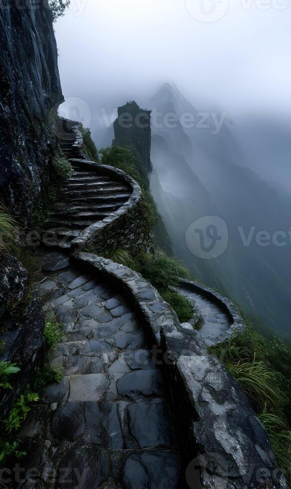 Ancient stone steps wind up a misty mountain in a breathtaking landscape view photo
