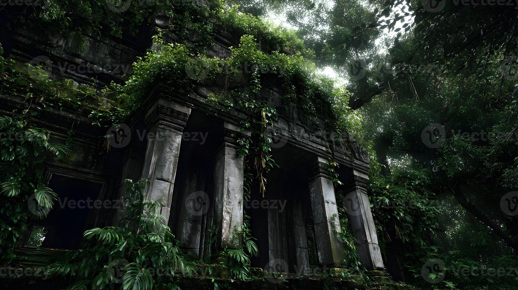 Ancient temple ruins reclaimed by the jungle create a mystical and captivating scene photo