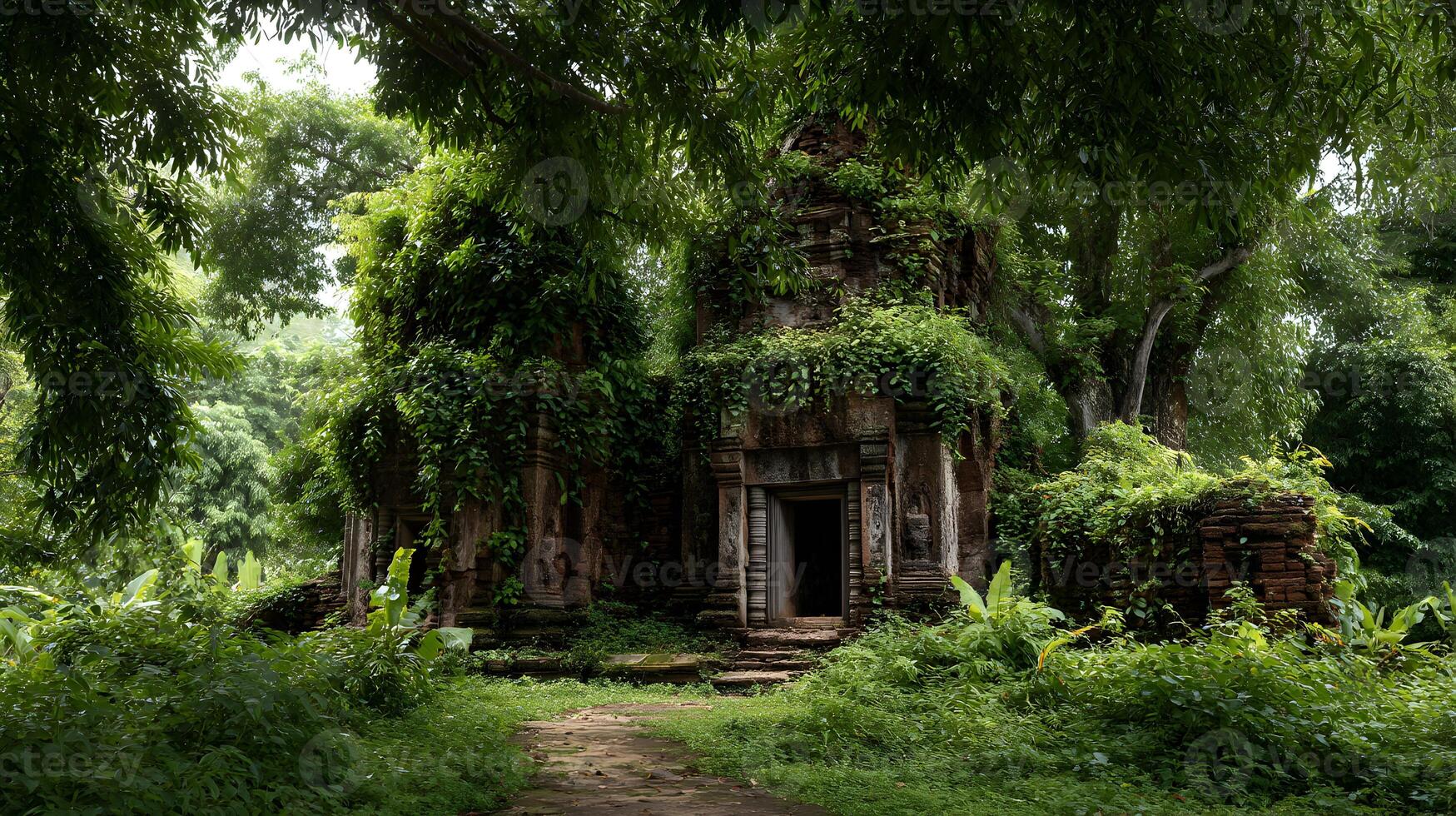 Ancient temple ruins shrouded in lush greenery and tropical forest foliage creates a serene scene photo