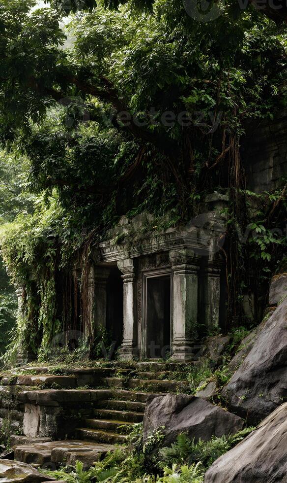 Ancient temple ruins covered in lush vegetation inviting exploration and discovery photo