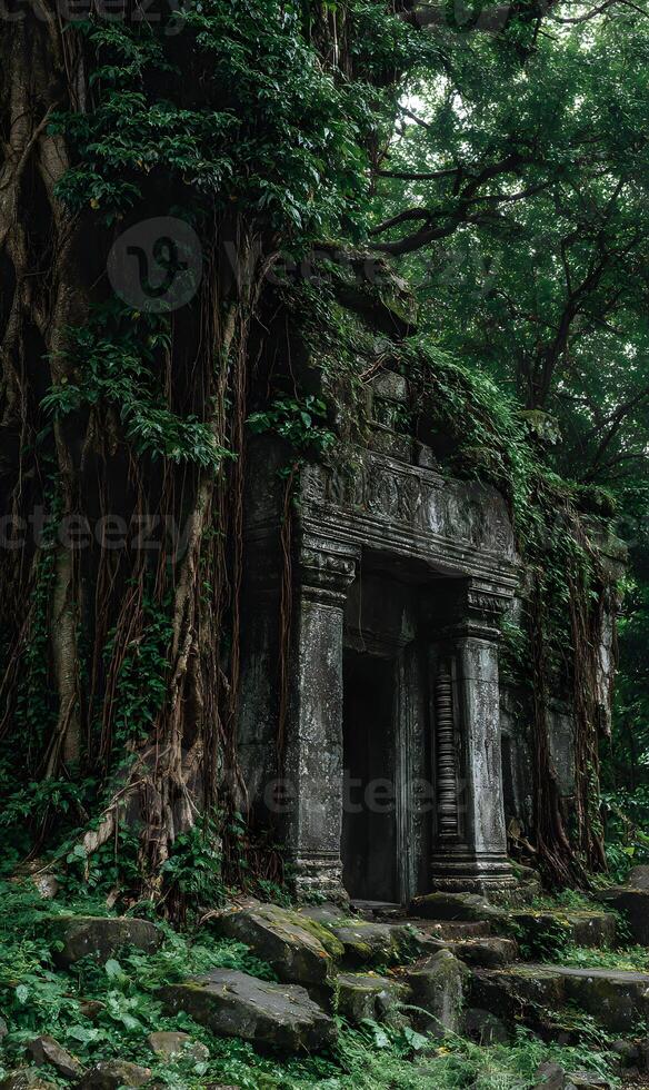 Ancient temple entrance shrouded in lush greenery and entwined with powerful roots photo