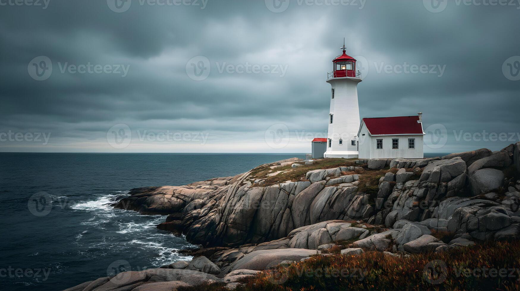 Peggy's Cove lighthouse stands guard against a backdrop of stormy seas and brooding skies photo