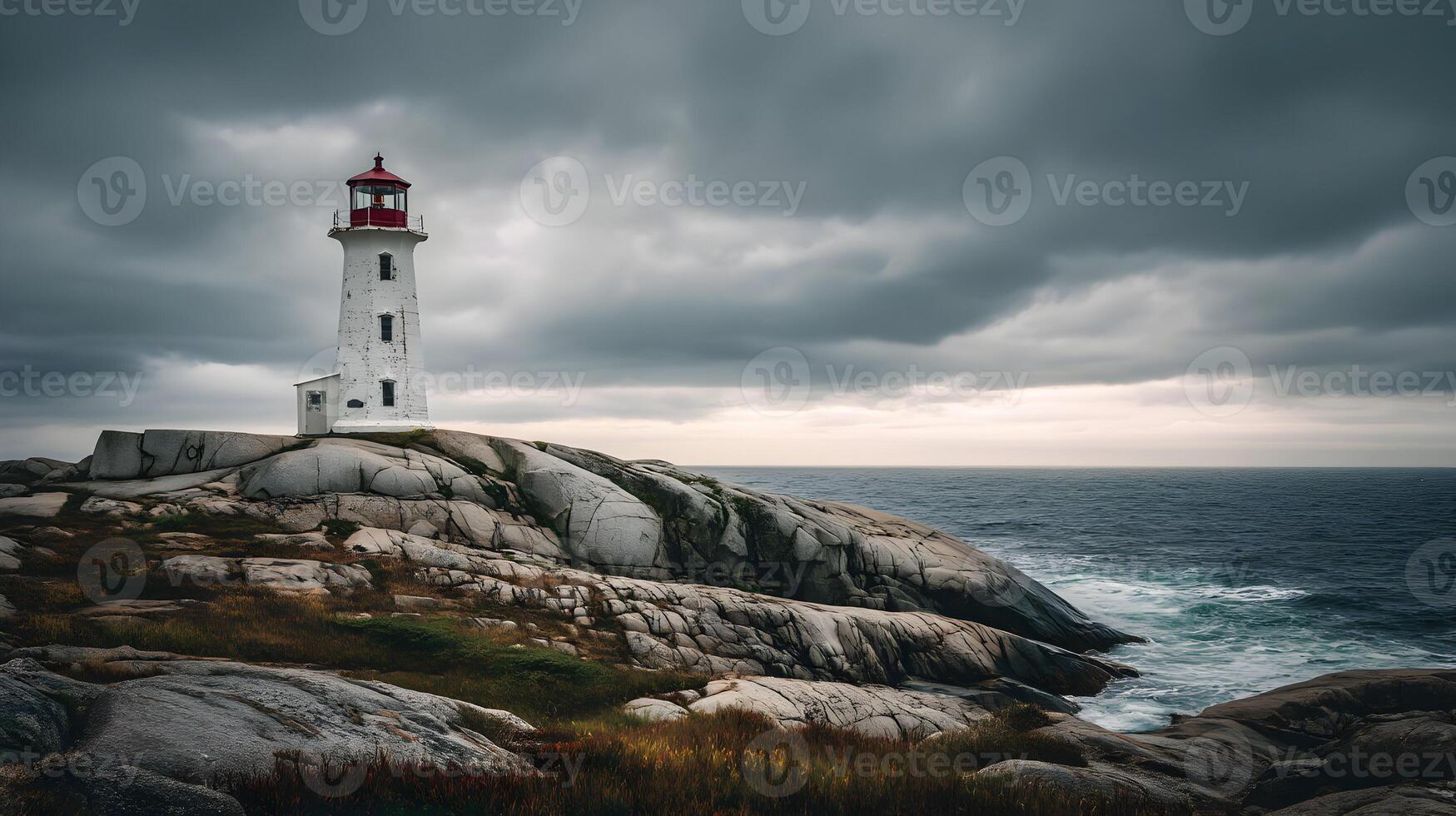 Dramatic coastal scenery featuring a white lighthouse under a cloudy sky near the ocean photo