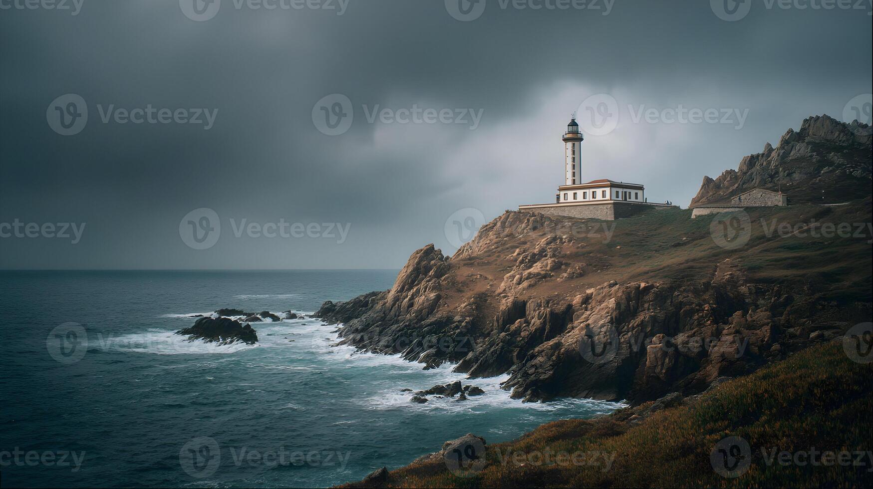 Majestic lighthouse stands guard over the dramatic coastline under an overcast sky photo