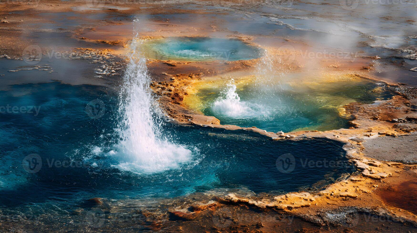 Geothermal marvels showcase colorful pools and erupting geysers in a volcanic landscape photo
