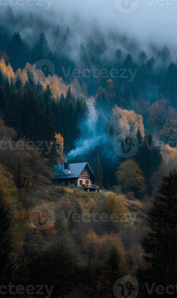 Cozy cabin retreat nestled in a misty forest with autumn foliage and ethereal atmosphere photo
