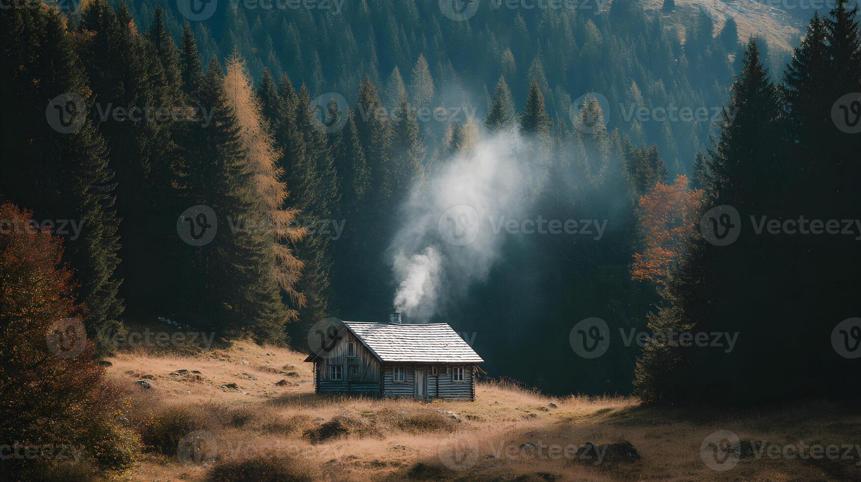 A charming cabin nestled amongst the trees with smoke rising gently from the chimney in autumn photo