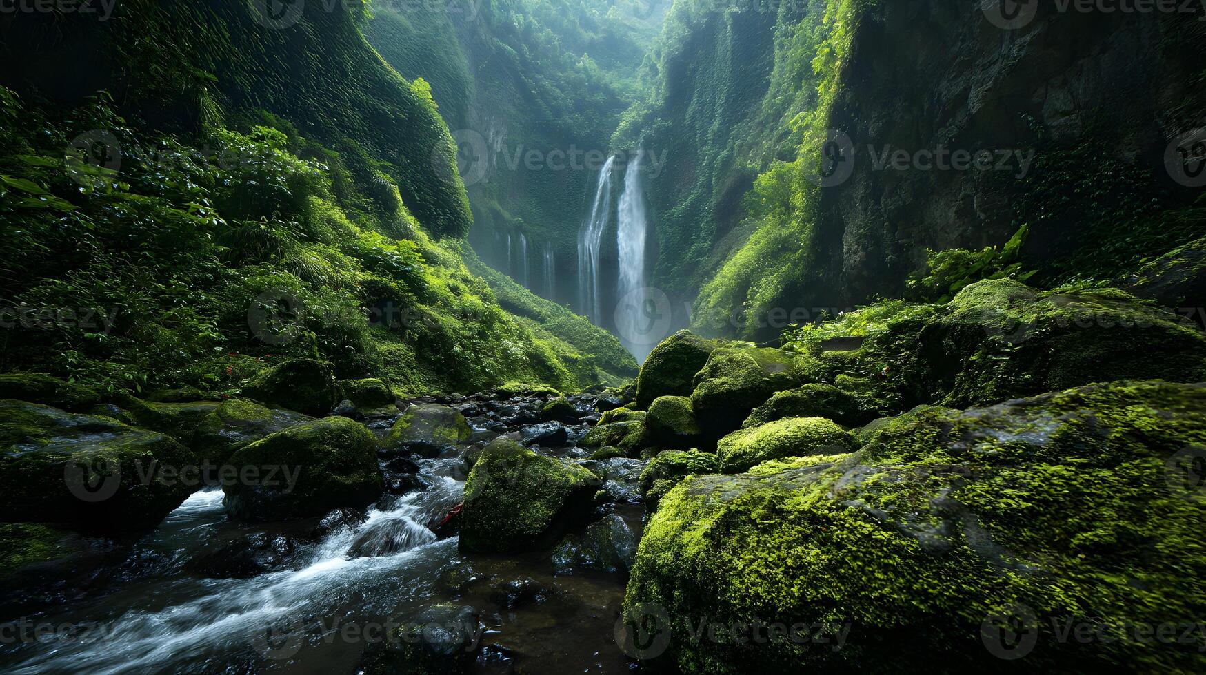Majestic waterfall cascading through lush green jungle creating a tropical paradise scene photo