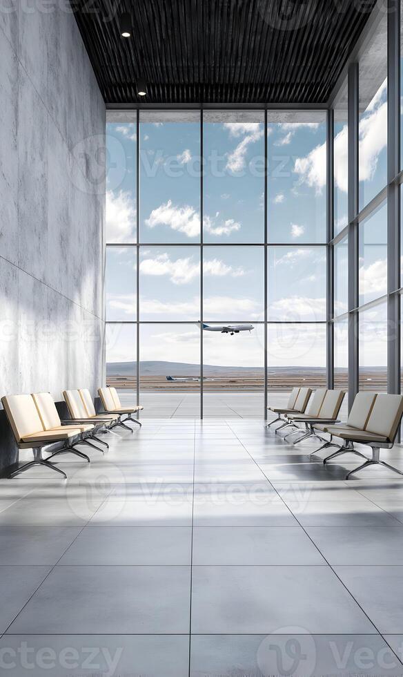 Waiting area with rows of seats and a view of planes taking off through expansive windows photo
