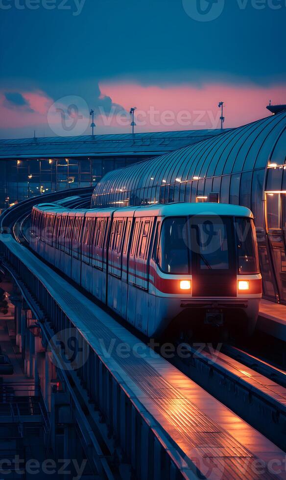 Electric train on rails passes modern glass station at scenic twilight in evening photo