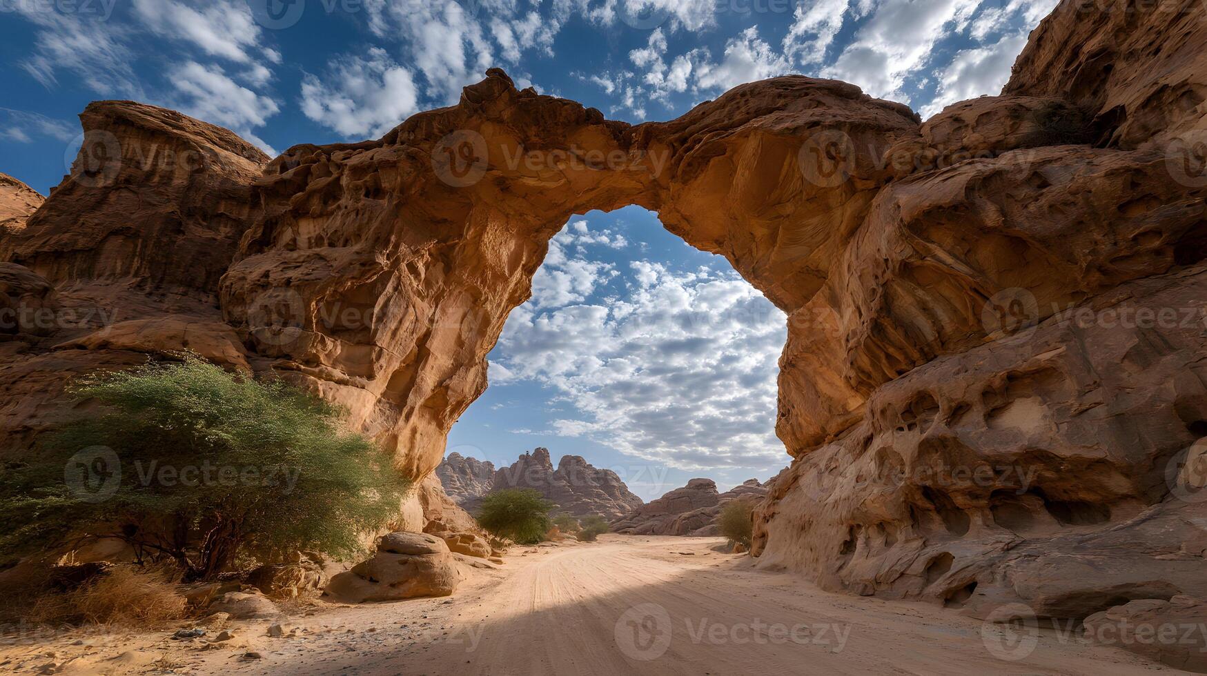 Natural rock archway frames desert sky in Saudi Arabia wilderness exploration scene photo