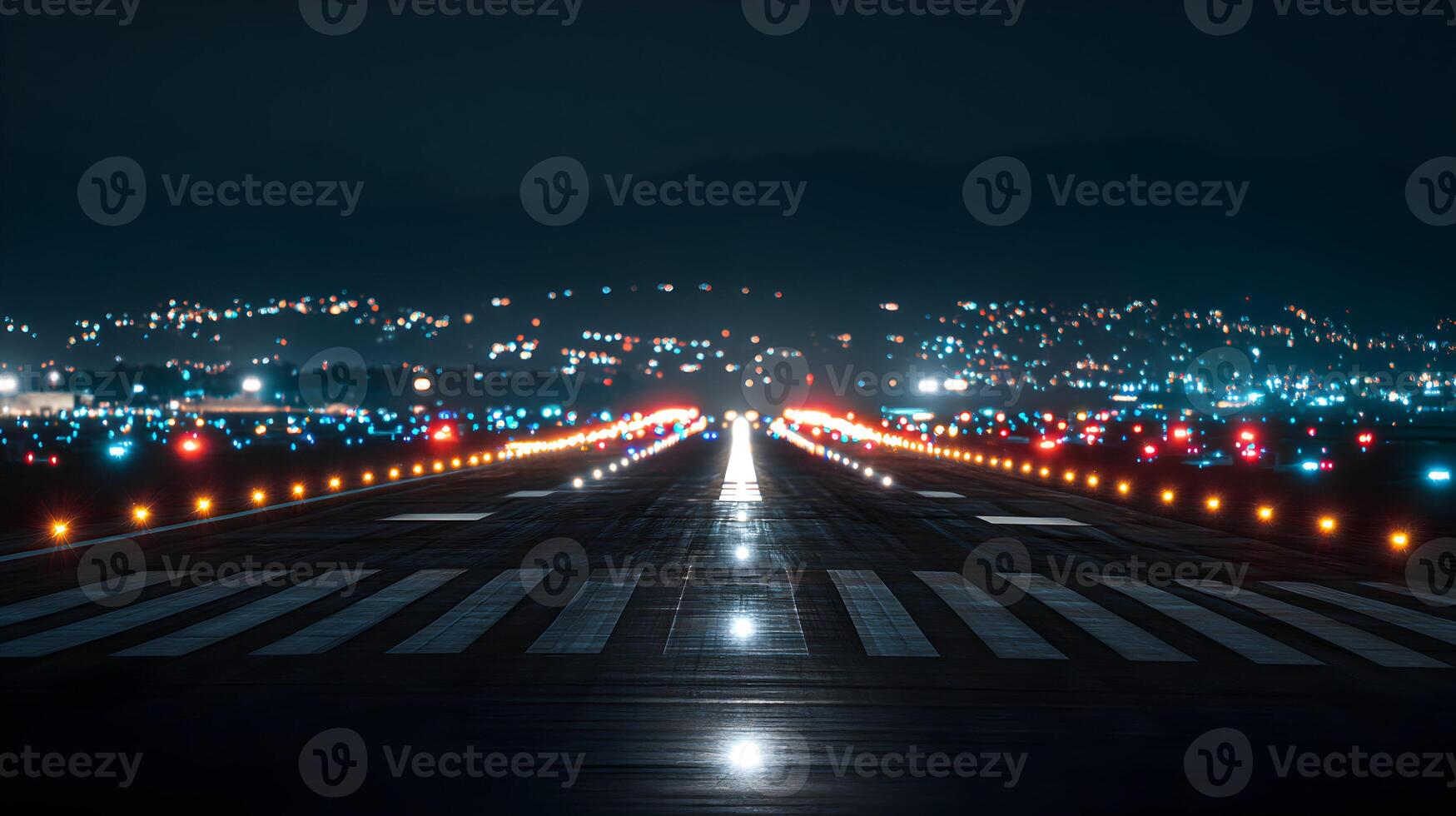 Nighttime view of a runway with city lights, showcasing aviation infrastructure photo