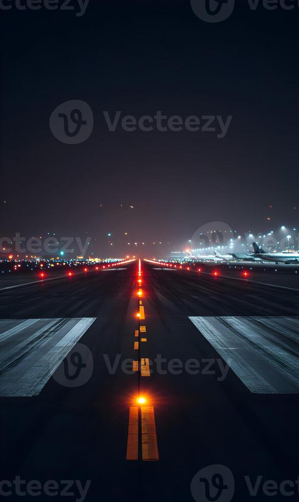 Airport runway at night gleaming with lights creates captivating and serene atmosphere photo