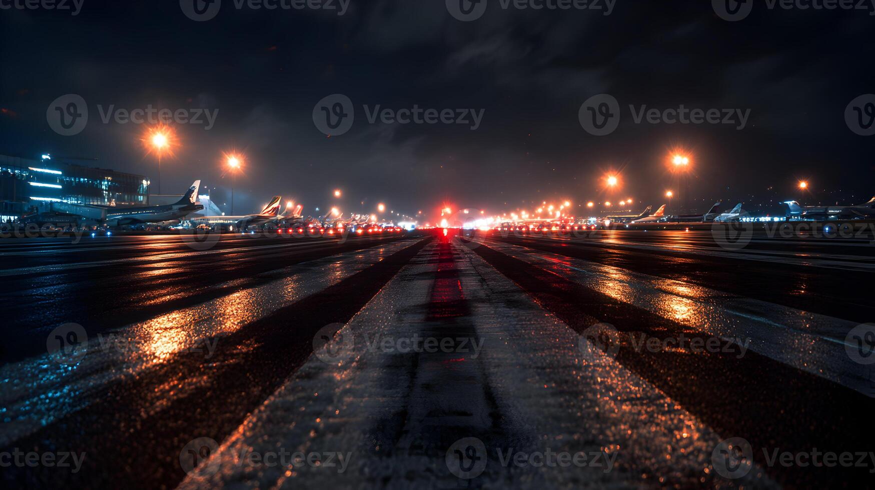 Illuminated airport runway at night reflecting city lights with parked airplanes photo
