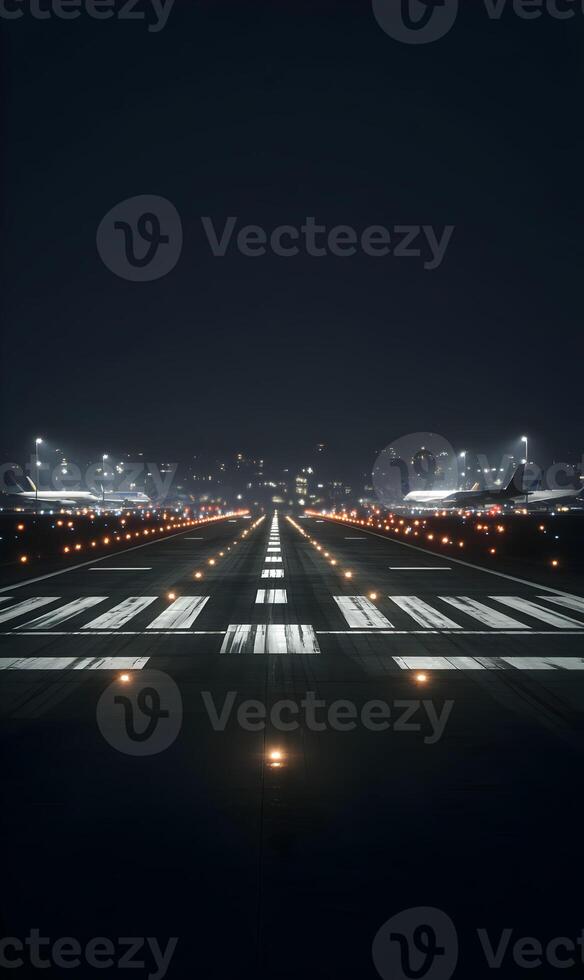 Illuminated runway at night leading to the distant city lights creating a sense of adventure photo