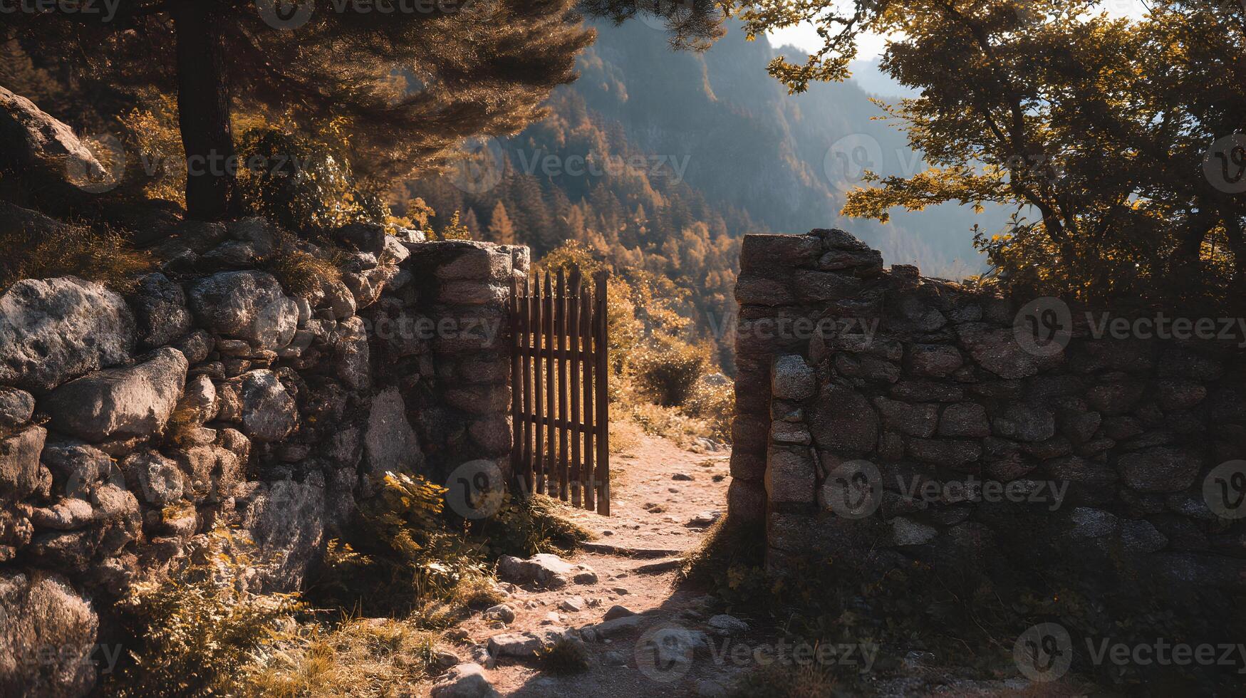 Pathway through an old gate leads into a stunning forest landscape in late afternoon light photo