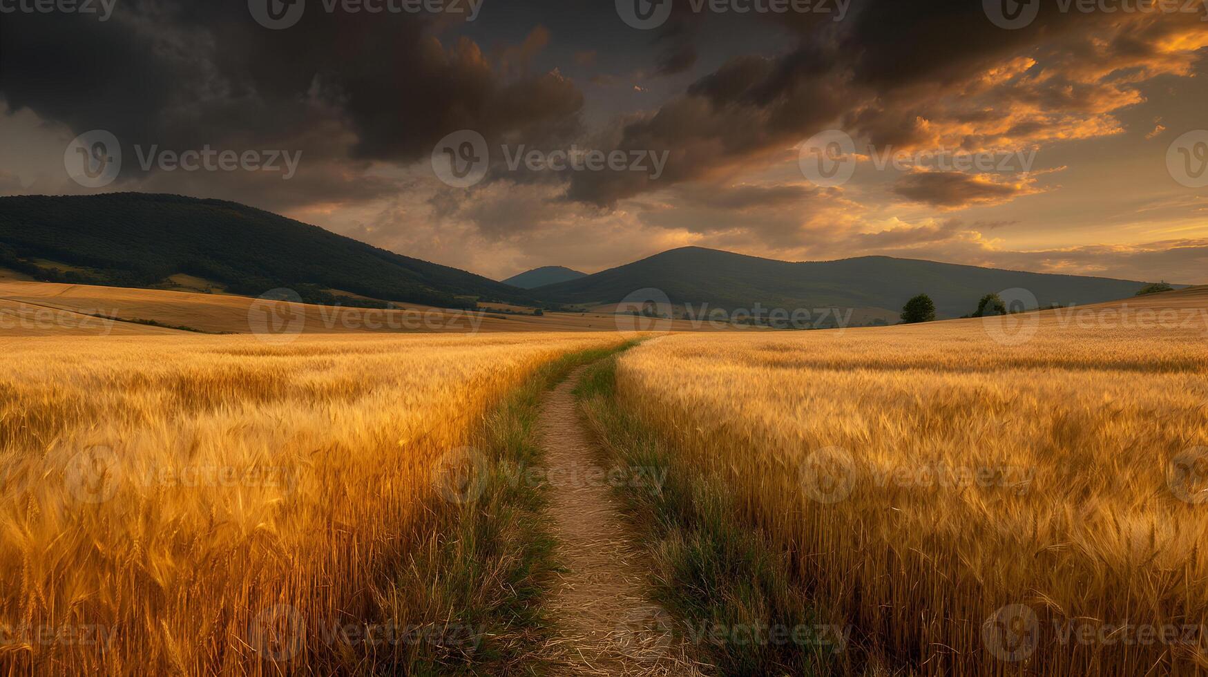 Golden wheat field glows under a dramatic sky, a path winds through the grain leading to distant hills photo