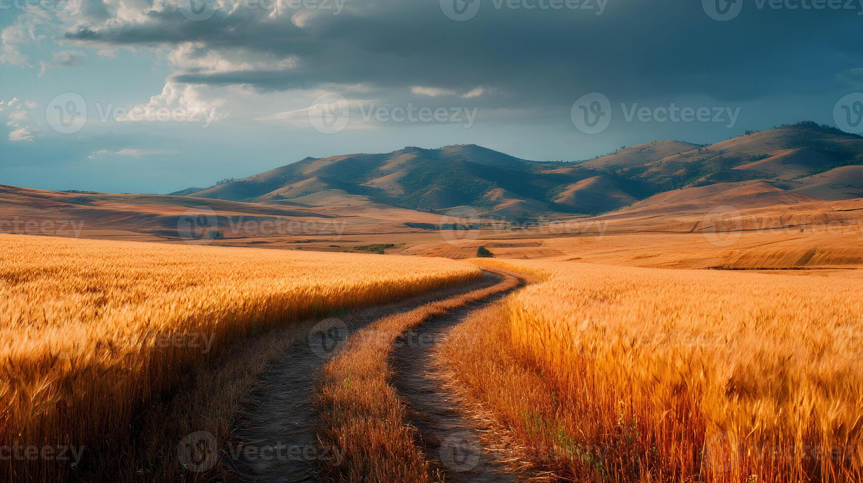 Golden wheat field meets distant mountains under a vast sky on a serene afternoon photo