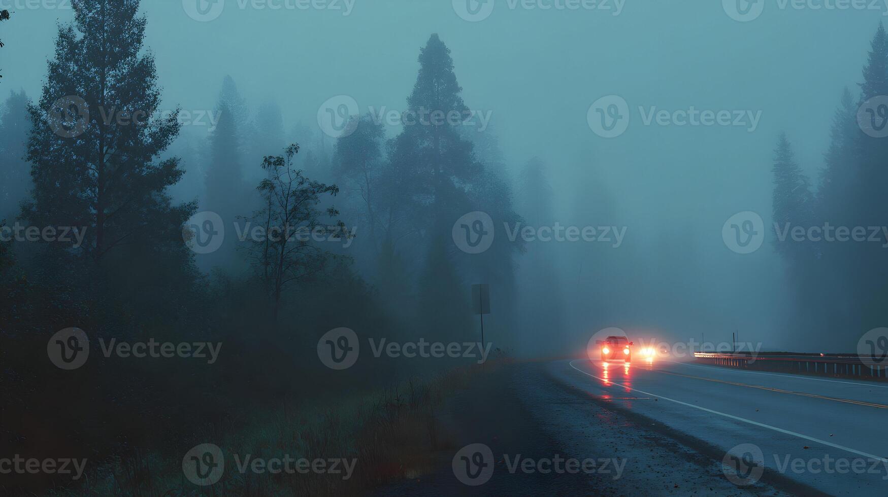 Cars advancing on a misty forest road at night with bright headlights piercing the darkness photo