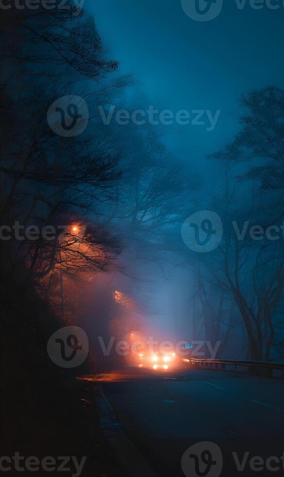 Navigating the foggy road on a winter night with a car, its headlights cutting through thick fog photo
