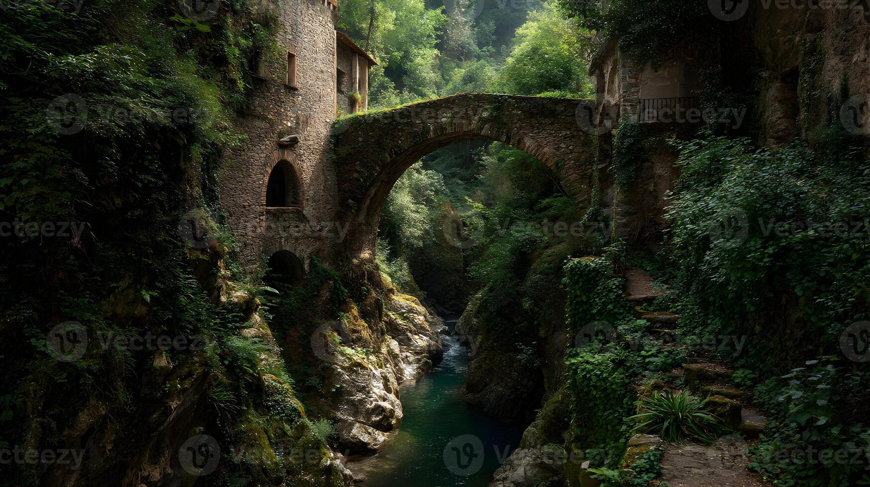 Historic stone bridge arches gracefully over a verdant gorge with lush vegetation all around photo