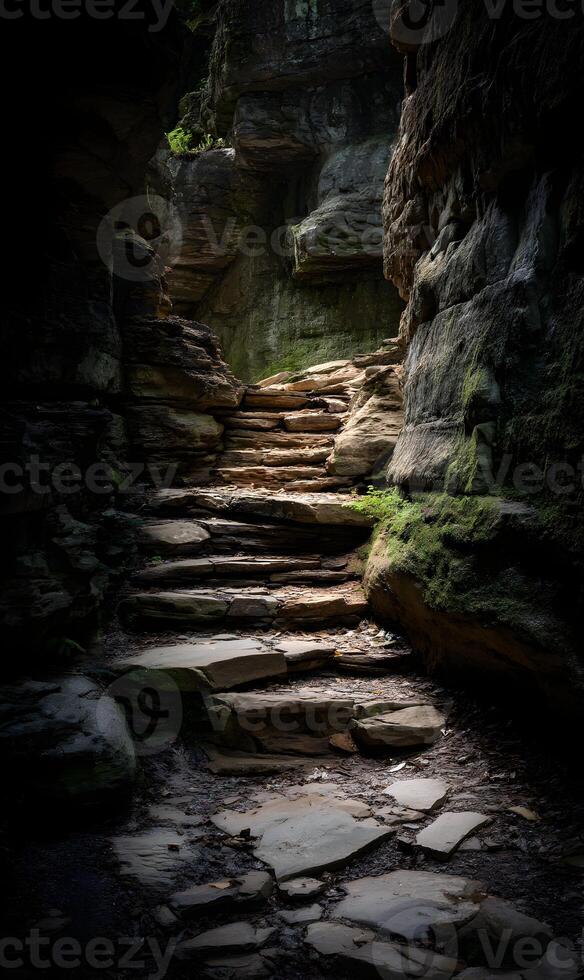 Sunlit stone staircase through a rugged natural canyon with mossy rocks and walls along the path photo