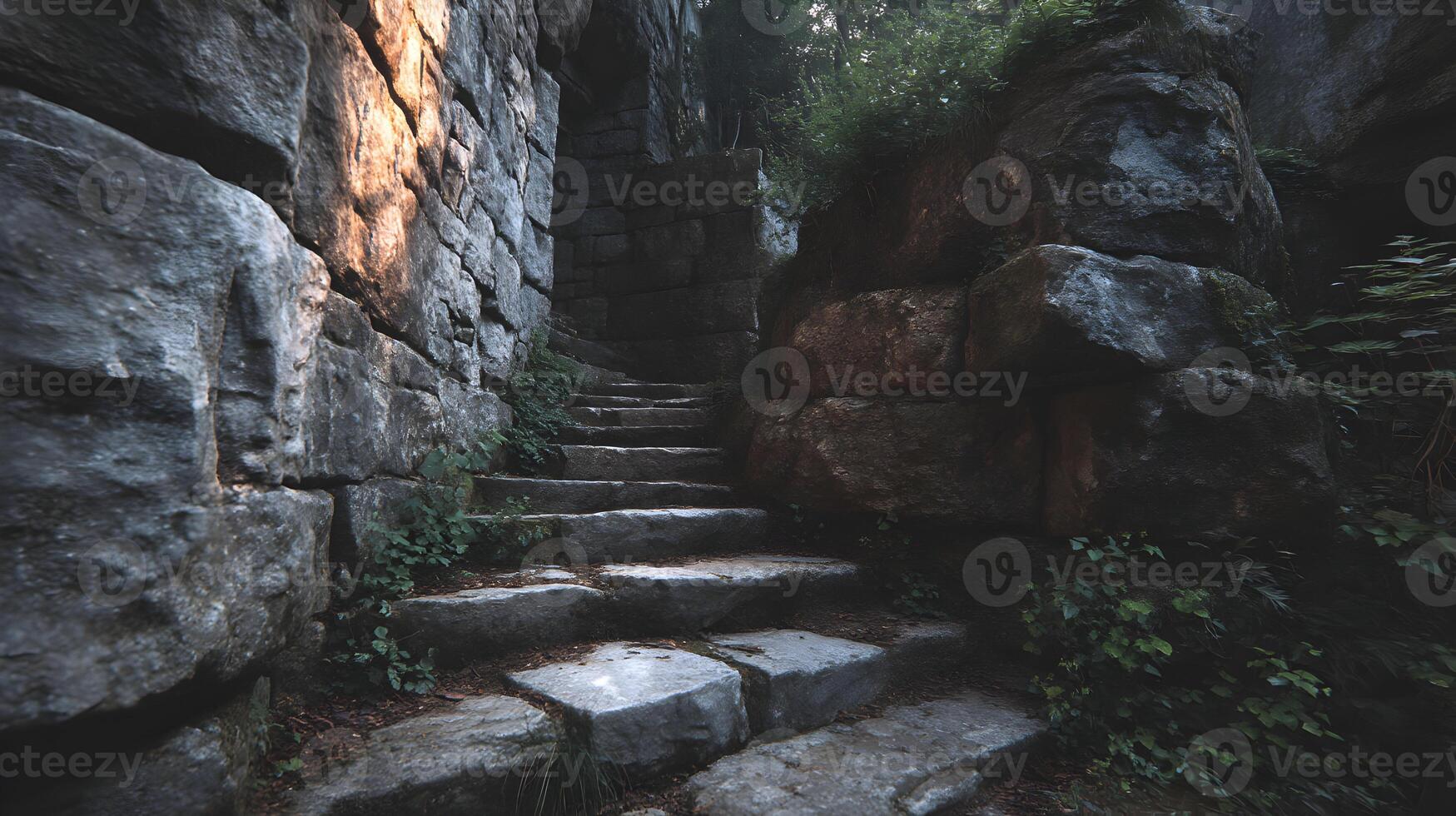Stone stairway through a passage between rocky cliffs with vegetation on the side photo