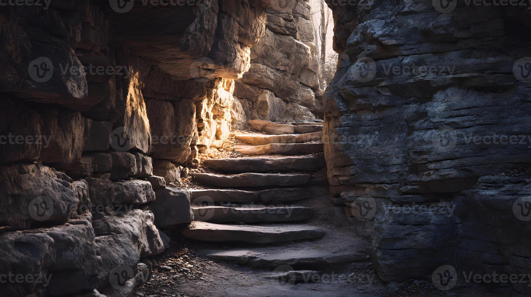 Sunlit stone staircase carved into a rock face ascends towards the light outdoors photo