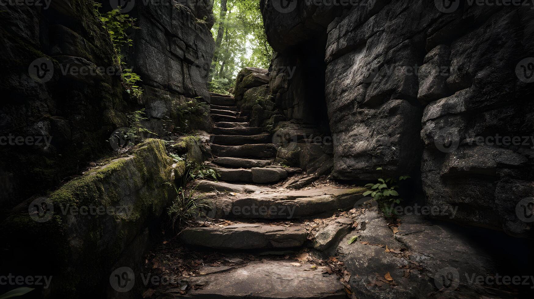 Ancient Stone Steps Lead Through Forest Path in a Mystical Landscape photo