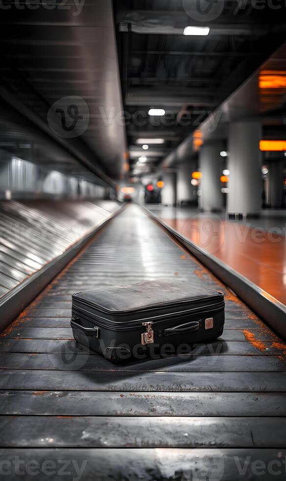 Suitcase sits alone on the baggage claim carousel after long flight at the airport photo