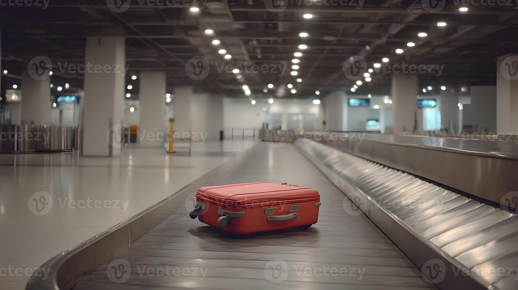 Lost red suitcase on luggage carousel at the airport awaiting its rightful owner to claim it photo
