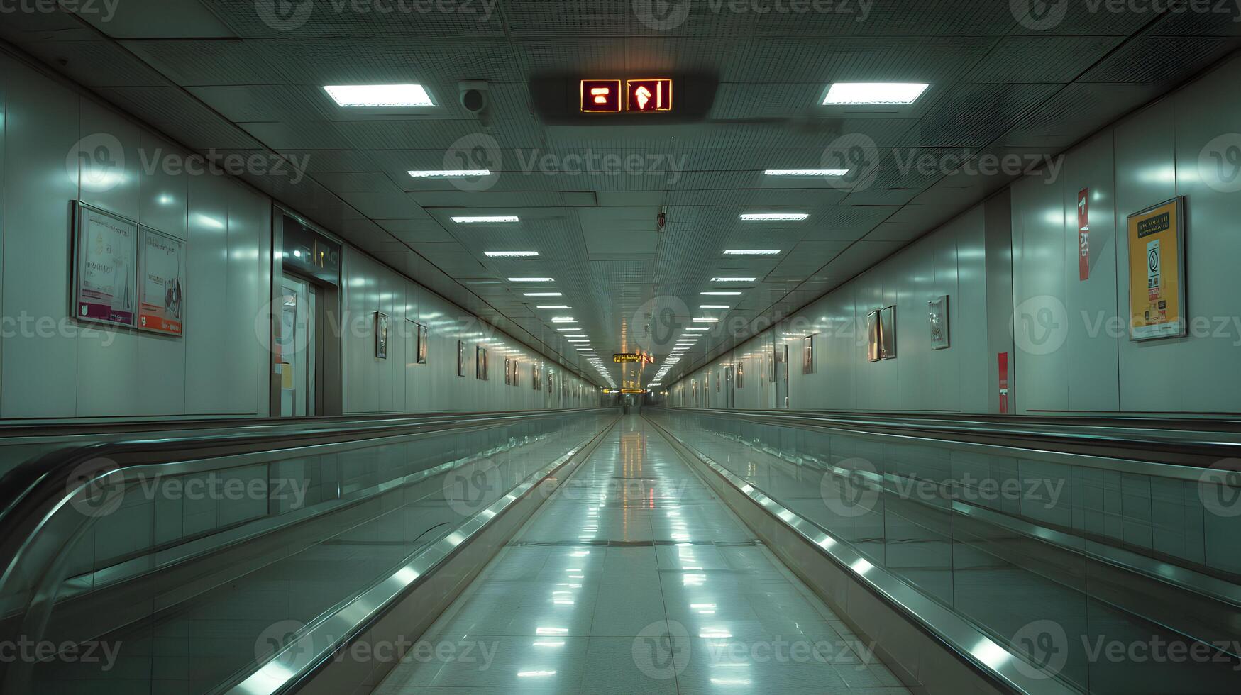 A modern airport terminal pathway featuring moving walkways and bright overhead lighting guides travelers photo