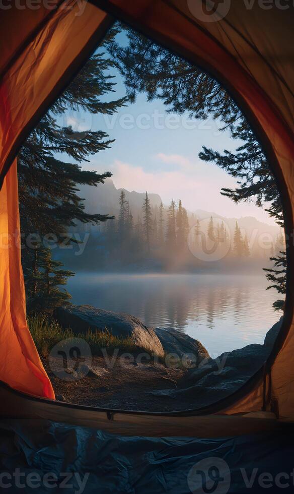 Lake view through a tent on a misty morning providing a sense of peaceful relaxation photo