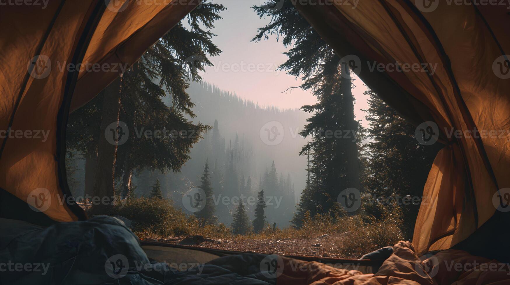 View from inside a tent with mountain forest landscape scenery during a camping trip photo