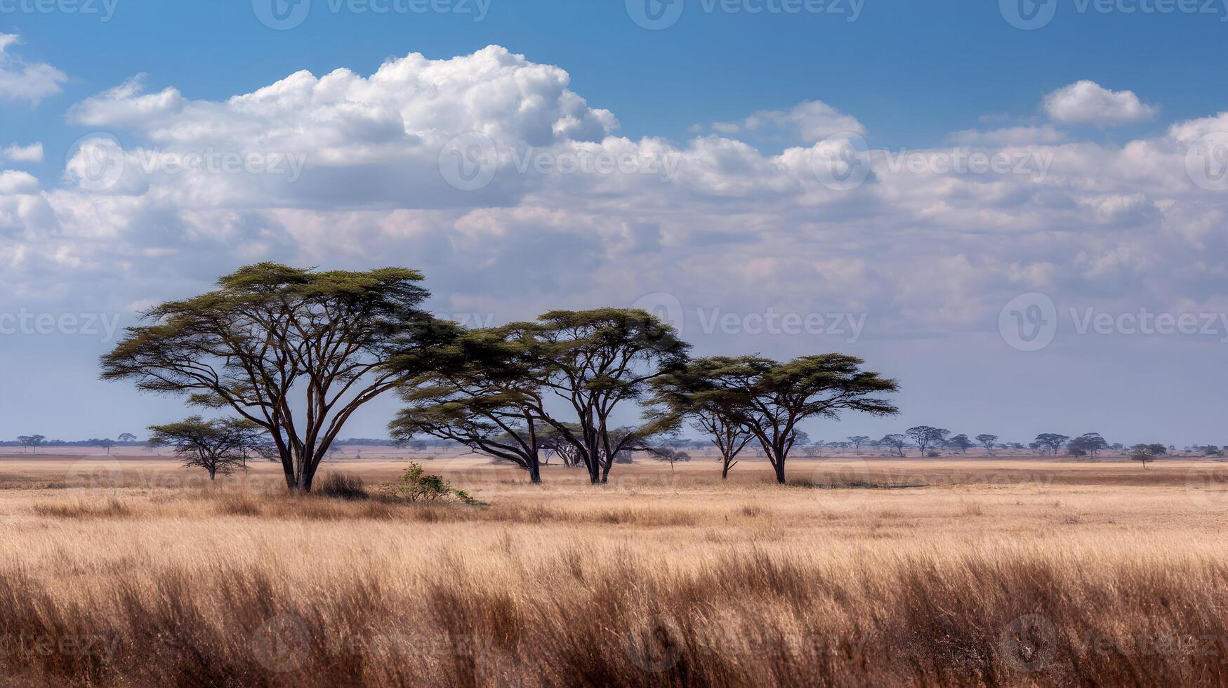 Savanna landscape with acacia trees and dramatic sky providing a sense of tranquility photo