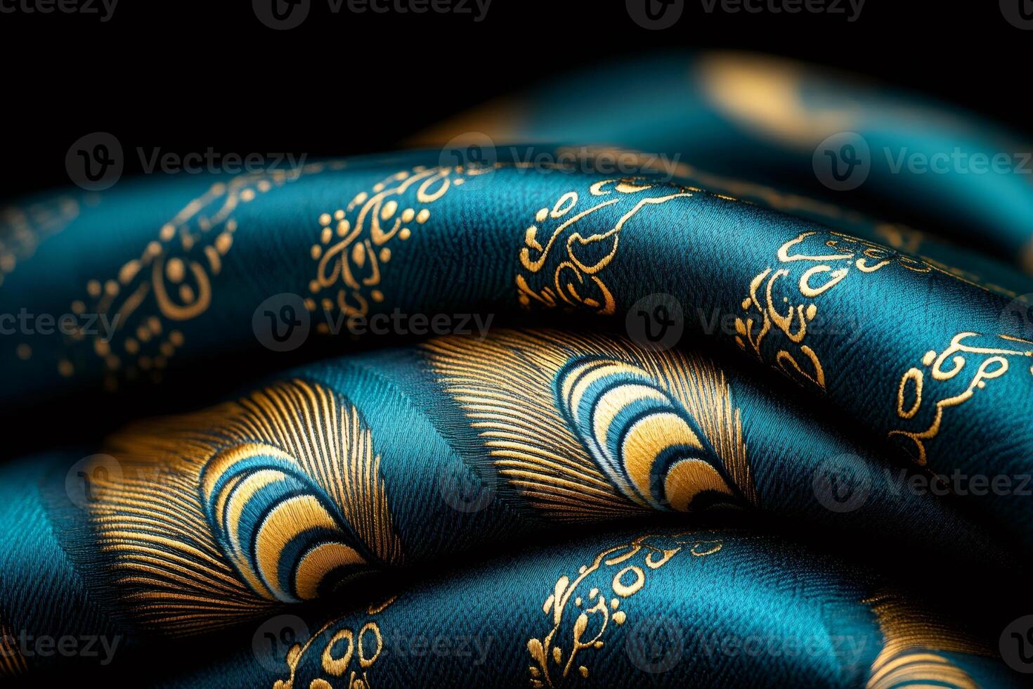 Teal and gold fabric showing peacock feathers and calligraphy design photo